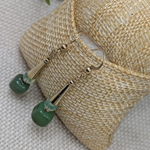 Vintage Handmade Green Glass Dangle Earrings | Boho Drop Style | Lightweight - Picture 13 of 14